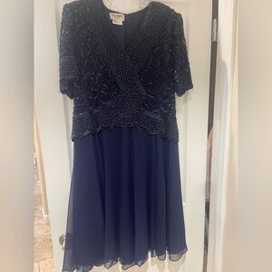 Elegant Navy Blue Women's Midi Dress XL Beaded Lined
